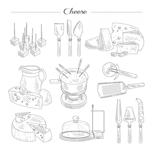 Fromage Et Outils De Coupe. Ensemble De Croquis.