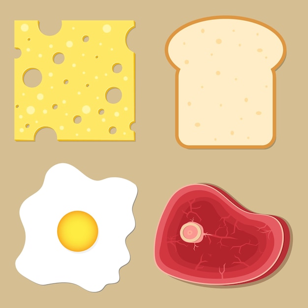 Fromage, Pain, œufs Brouillés, Viande Plate, Illustration De Style Dessin Animé