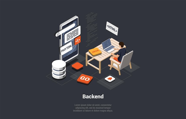 Front et Back End du développement Web Design réactif Interface de site Web Codage et programmation Développeur informatique Développer un nouveau projet de démarrage à l'aide du langage Python Illustration vectorielle 3D isométrique