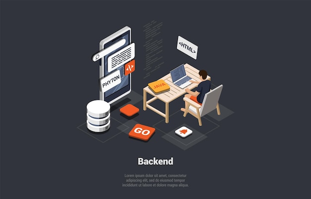 Vecteur front et back end du développement web design réactif interface de site web codage et programmation développeur informatique développer un nouveau projet de démarrage à l'aide du langage python illustration vectorielle 3d isométrique