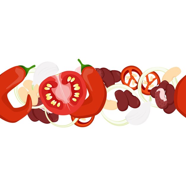 Vecteur frontière homogène de légumes mexicains, poivre chili, tomates, haricots et ail