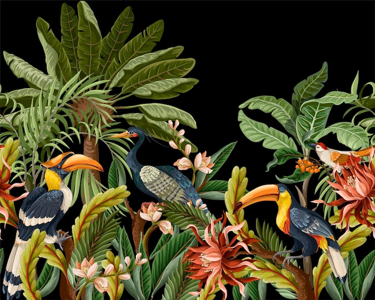 Vecteur frontière avec des oiseaux et des feuilles et des fleurs tropicales pour le vecteur intérieur