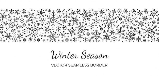 Vecteur frontière sans soudure de flocon de neige, noël, nouvel an, modèle de neige d'hiver, ligne sur fond blanc.