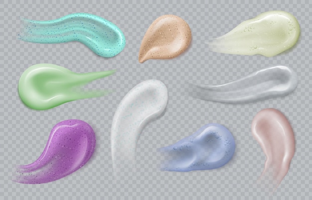 Frottis de gel. Coups de crème cosmétique, gommage peeling, mousse et lotion mousse à bulles. Ensemble de vecteurs de produits de soins de la peau 3d réalistes