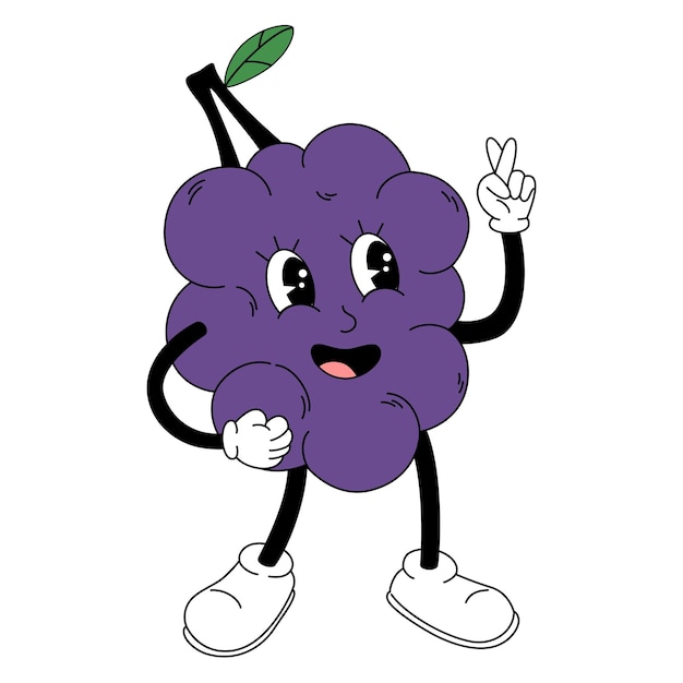Vecteur fruit de raisin groovy dessin à la main drôle de style vintage à la mode fruit personnage de dessin animé doodle comic