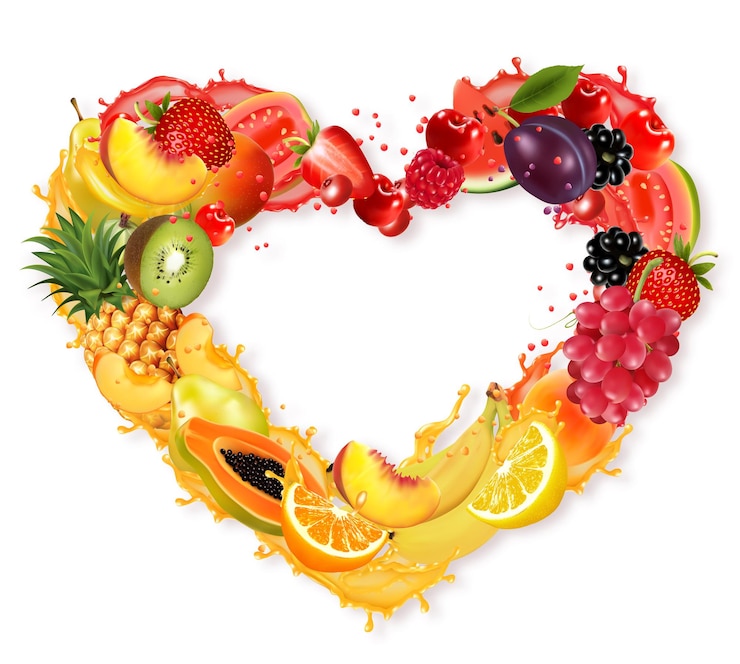 Vecteur fruits et baies dans les éclaboussures de jus encadrent la forme d'un coeur fraise framboise myrtille mûre orange goyave pastèque ananas mangue pêche pomme kiwi banane