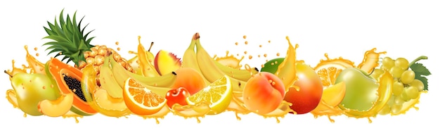 Fruits Et Baies Dans Le Panorama Des éclaboussures De Jus Orange Ananas Mangue Pêche Papaye Banane Poire Orange Grapp Ananas Pomme