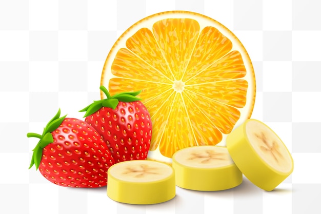 Fruits et baies frais isolés sur un fond transparent tranches de bananes de fraise