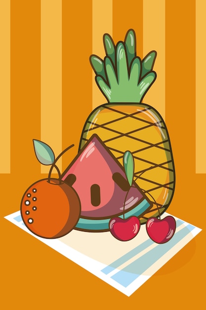 Fruits sur le concept de dessins animés de nappe sur illustration vectorielle de fond coloré rayé