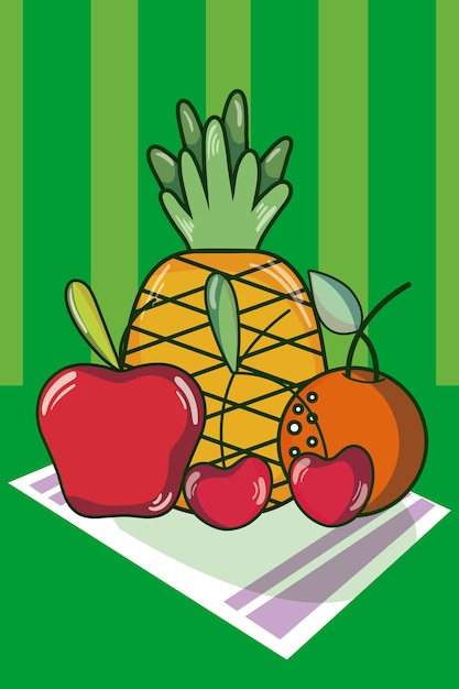 Fruits sur le concept de dessins animés de nappe sur illustration vectorielle de fond coloré rayé