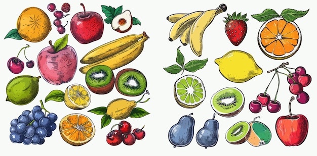 Fruits De Couleur Dessinés à La Main Pomme Orange Et Citron Banane Et Kiwi Cerises Et Baies Jeu De Doodle Alimentaire Naturel Végétalien