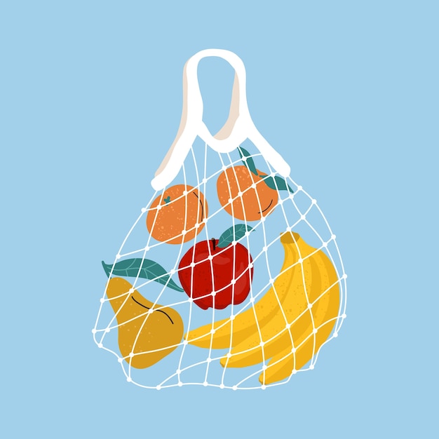 Fruits dans un sac en filet. Une variété de fruits tropicaux frais dans un sac ECO réutilisable. illustration. Concept zéro déchet. Livraison à domicile d'aliments sains. Zéro déchet, concept sans plastique.