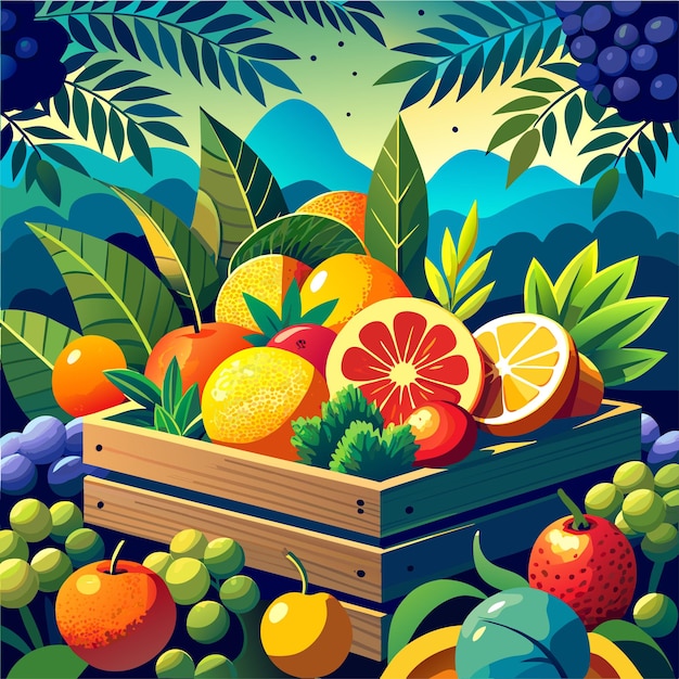 Des Fruits Délicieux Dans Une Caisse En Bois Illustration Vectorielle