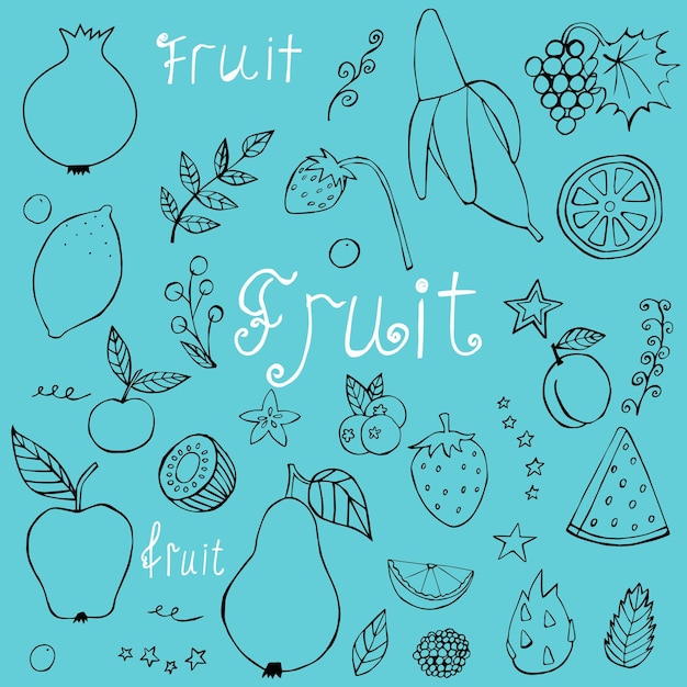 Fruits de doodle de vecteur sur fond bleu