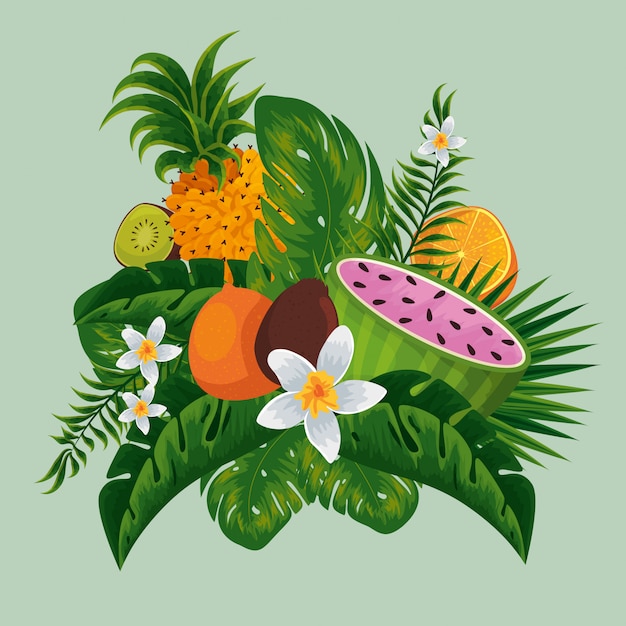 Vecteur fruits exotiques dans les feuilles et les fleurs tropicales