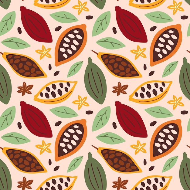 Fruits et feuilles de cacao motif de fèves de cacao