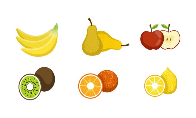 Vecteur fruits frais banane poire pomme kiwi orange citron illustration vectorielle