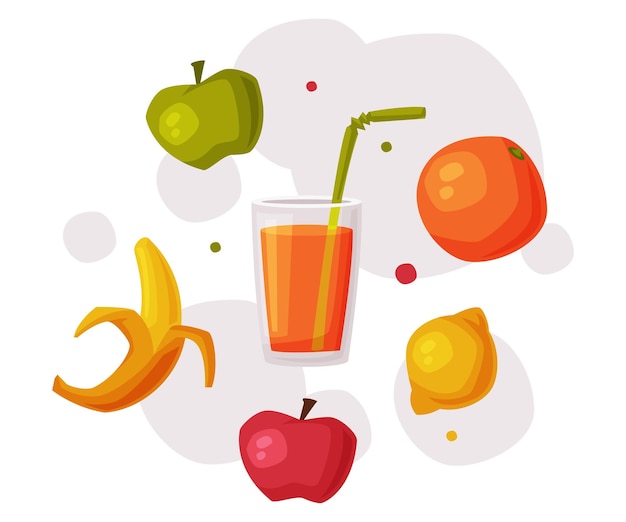 Vecteur fruits frais biologiques et verre de jus produits alimentaires utiles avec des avantages pour la santé alimentation saine