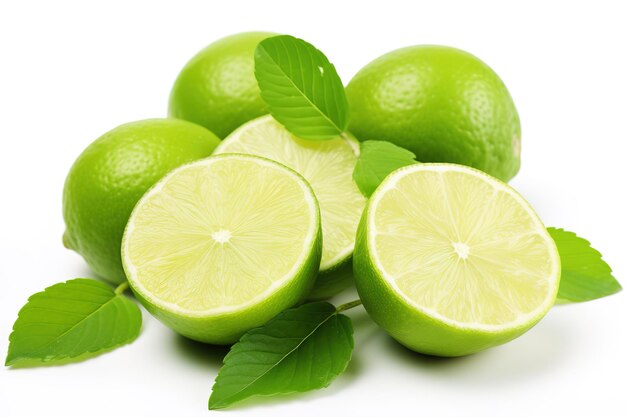 Vecteur des fruits frais de citron et des feuilles vertes tombant sur un fond blanc