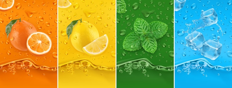 Vecteur fruits juteux et frais. orange, citron, menthe, eau glacée. ensemble d'illustrations de gouttes de rosée et d'éclaboussures