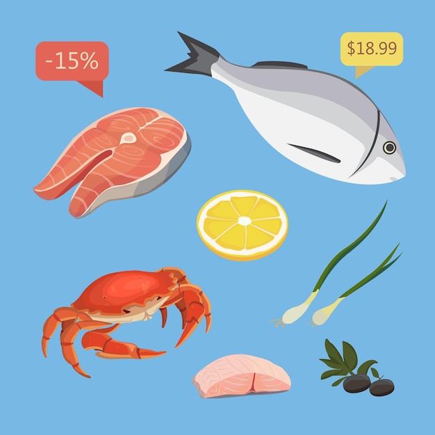 Fruits De Mer Biologiques Frais Illustration Vectorielle Produits De La Mer Sertis De Steak De Saumon