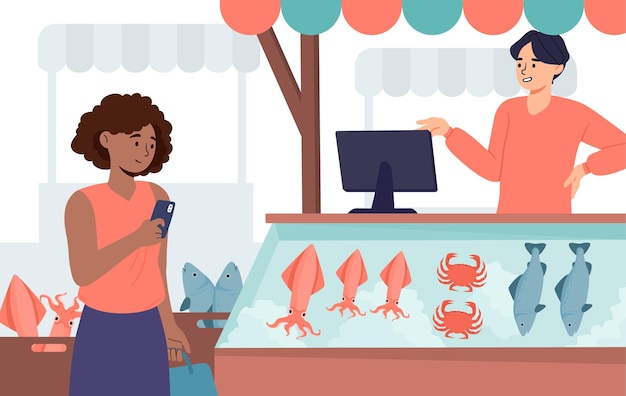 Vecteur fruits de mer sur comptoir concept femme près du magasin avec poulpe de crabe congelé et épicerie de poisson naturel et