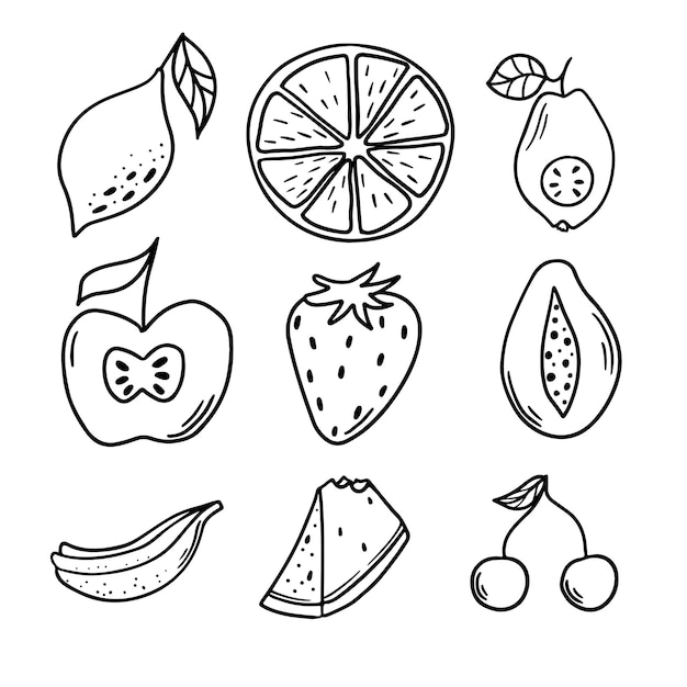 Fruits Mignons Et Baies Dans Le Style Doodle Illustration Vectorielle Isolée