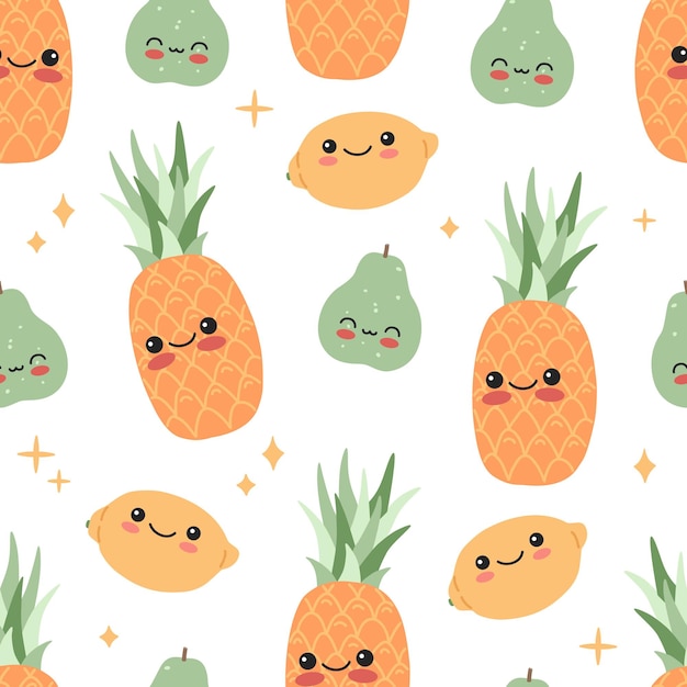 Fruits Mignons Drôles De Bébé Avec Le Modèle Sans Couture De Dessin Animé De Visage Souriant D'émotion. Joyeux Ananas Tropical Kawaii, Citron, Arrière-plan De Répétition De Poire. étoiles Magiques, Personnages De Griffonnage Plats. Illustration D'enfants De Vecteur