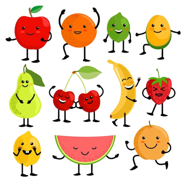 Fruits Pour Enfants Personnages De Fruits Mignons Vector Illustration Jus Sain Dessin Animé Fruits D'été Kawaii