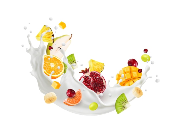 Vecteur des fruits réalistes en vague de lait dans une boisson laiteuse, un milkshake ou du yogourt en arrière-plan vecteur, de l'ananas orange, de la mangue et du kiwi avec de la banane, de la grenade et du raisin, un mélange de fruits tropicaux dans le flux de vague de milk