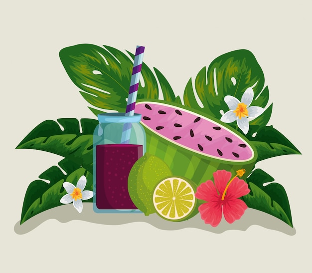 Vecteur fruits tropicaux avec boissons fraîches et plantes à fleurs