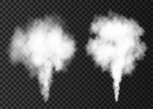 La fumée blanche éclate isolée sur fond transparent. Effet spécial d'explosion de vapeur. Colonne vectorielle réaliste de brouillard de feu ou de texture de brume.