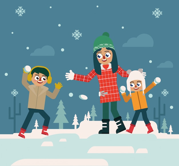 Vecteur fun family jouer à la neige sur le caractère plat falt d'hiver
