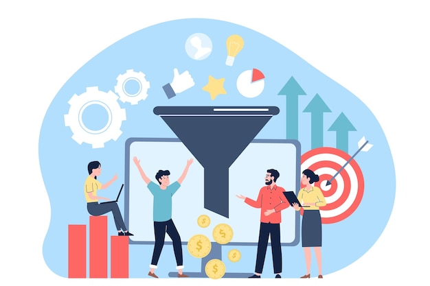 Funnel de vente des médias sociaux stratégies de SMM processus de télé-marketing et attiré de nouveaux abonnés et clients Stratégie de monétisation scène vectorielle récente