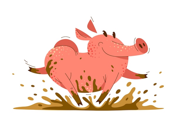 Funny Cartoon Cochon Court Dans L'illustration Vectorielle De Saleté, Activité Heureuse Appréciant Le Dessin De Personnage De Porc Animal.