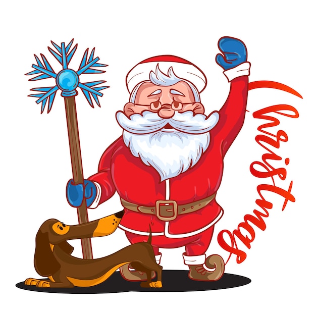 Vecteur funny cartoon santa claus avec bâton magique dans sa main et teckel marron - symbole de la nouvelle année. père noël coloré isolé sur fond blanc. illustration vectorielle. idéal pour les cartes de vœux