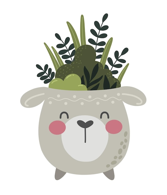 Funny Flower Pot Animal Llama Accueil Plante Avec Mignon Animal Visage Caractère Vector Illustration Isola