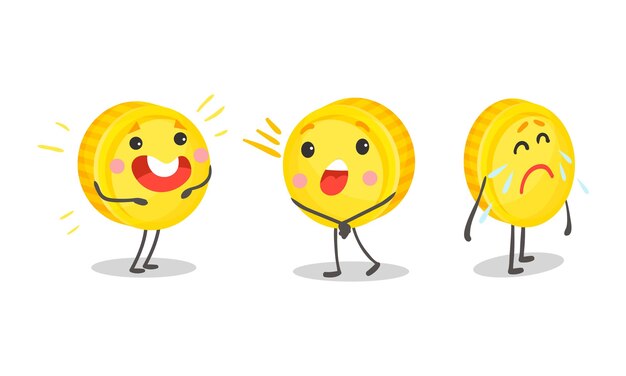 Vecteur funny golden coins humanized characters crying and shouting vector set