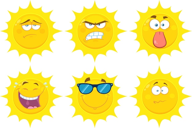 Funny Yellow Sun Cartoon Emoji Face Series Character Set Collection Plate Isolée On White