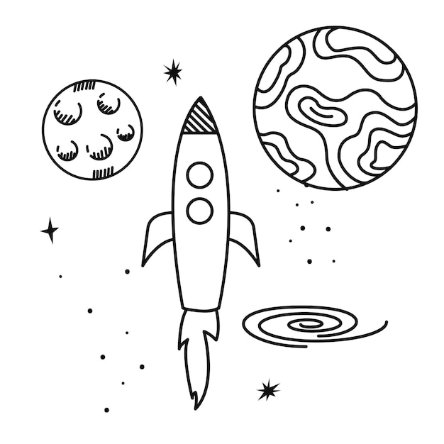 Fusée dans l'univers spatial entre les planètes et les étoiles. style bande dessinée. illustration vectorielle