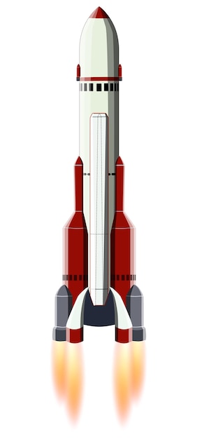 Vecteur fusée spatiale de dessin animé avec corps allongé et flamme des buses isolées sur l'élément de conception blanc