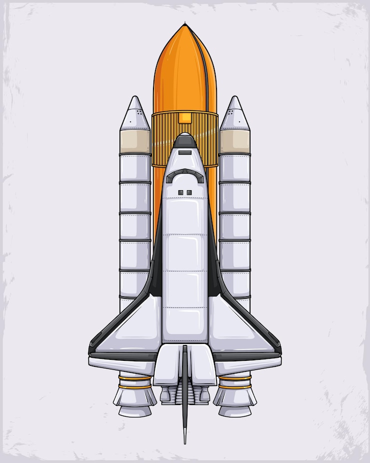 Vecteur une fusée spatiale dessinée à la main avec un avion spatial dans la station internationale de fusées prête au lancement