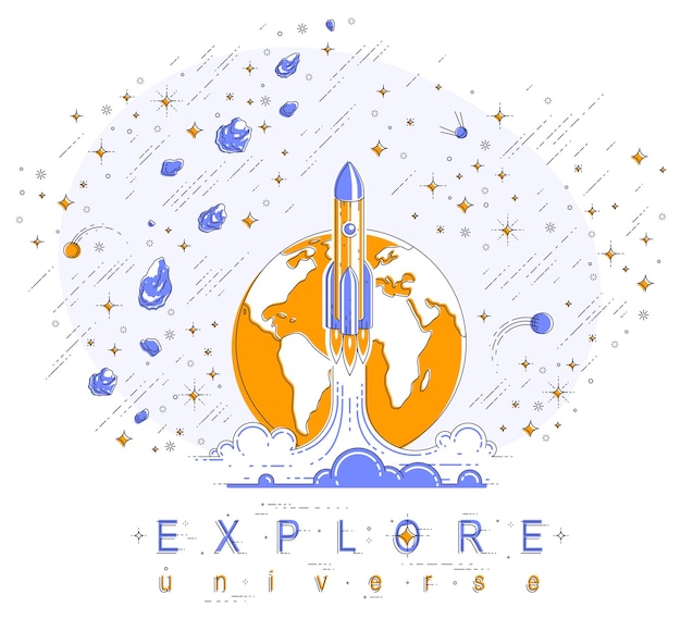 Des fusées partent de la terre vers l'espace pour découvrir des objets inconnus, entourés de comètes, astéroïdes, météores, étoiles et autres éléments. Explorez l'univers, la science spatiale. Illustration vectorielle 3d fine ligne.