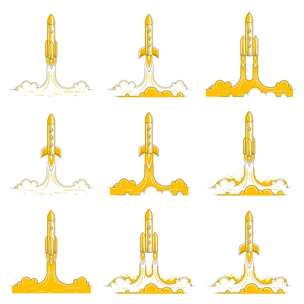 Les Fusées Se Lancent Dans L'espace Inconnu. Explorez L'univers, La Science Spatiale à Couper Le Souffle. Ensemble D'illustrations Vectorielles 3d à Lignes Fines Isolées Sur Blanc.