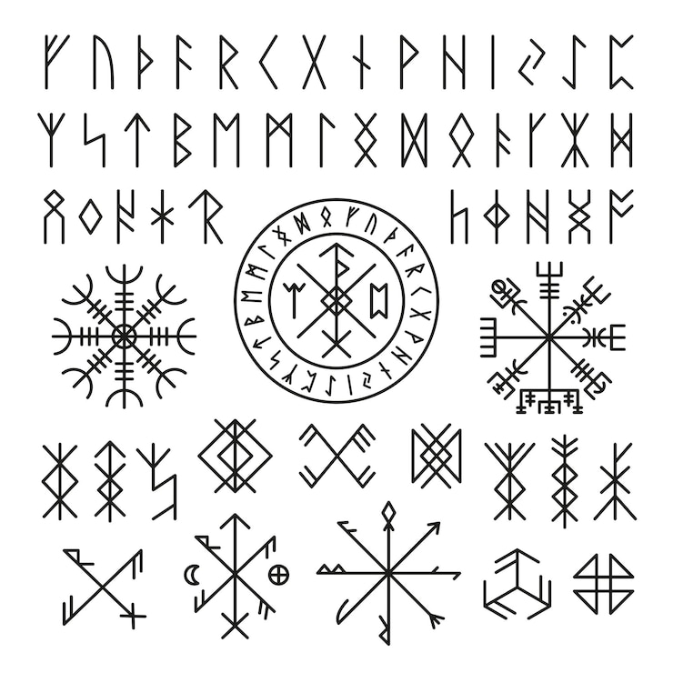 Vecteur futhark viking norse icônes de conception runique ancien signe mystérieux symboles anciens magiques pour le jeu ou le tatouage collection de vecteurs rangés celtiques de la mythologie nordique