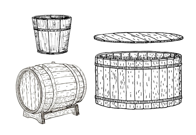 Fûts De Fûts En Bois Croquis Récipients Pour Vin Ou Autres Produits Alimentaires