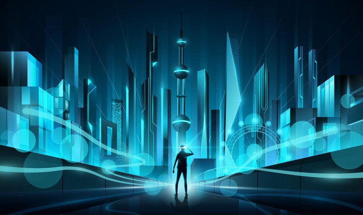 Le futur du paysage urbain bleu est une vue perspective sur le concept de monde de la technologie du Metaverse.