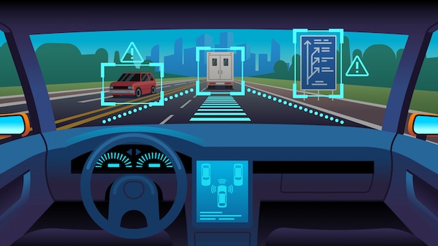 Futur véhicule autonome. Intérieur de la voiture sans conducteur système de capteur de pilote automatique autonome futuriste route gps, concept de dessin animé