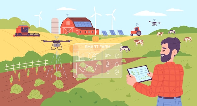 Vecteur future agriculture intelligente agriculture industrielle ferme technologie d'automatisation champ capteurs numériques connexion données téléphone mobile iot drone gps ai équipement illustration vectorielle criarde