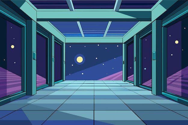 Vecteur a futuristic hallway with purple walls a tiled floor and a view of a starry night sky with a large moon at the end